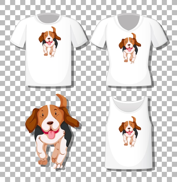 투명에 고립 된 다른 셔츠의 세트와 함께 귀여운 강아지 만화 캐릭터