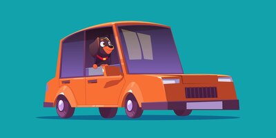 Cute dog character sitting in red car. vector cartoon illustration of funny pet looks from vehicle open window. happy puppy rottweiler in auto cabin isolated on background