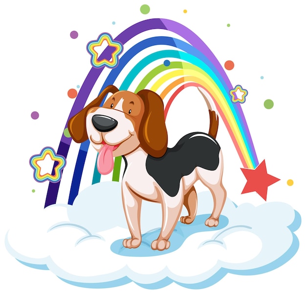 Cute dog on the cloud with rainbow