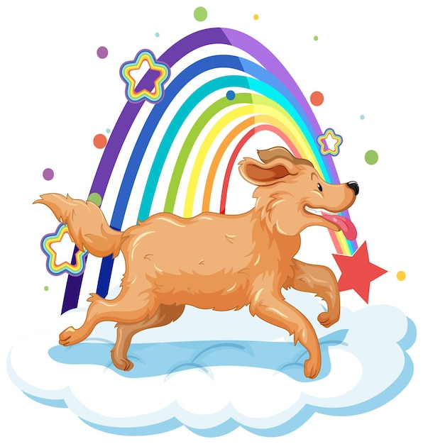Cute dog on the cloud with rainbow