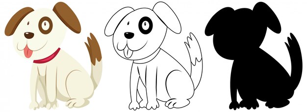 Cute dog in colour and outline and silhouette