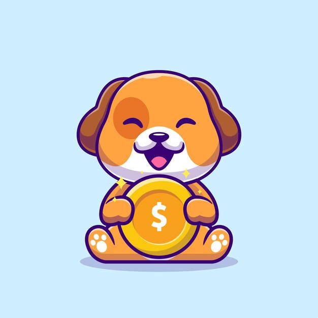 ゴールドコイン漫画ベクトルアイコンイラストを保持しているかわいい犬。分離された動物金融アイコンの概念