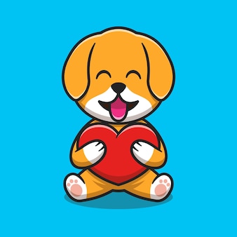 Cute dog holding love balloon cartoon icon illustration. animal nature icon concept isolated premium vector. flat cartoon style