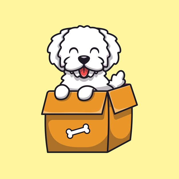 귀여운 강아지 상자 만화 그림에서 재생입니다. 동물 자연 개념 절연 플랫 만화