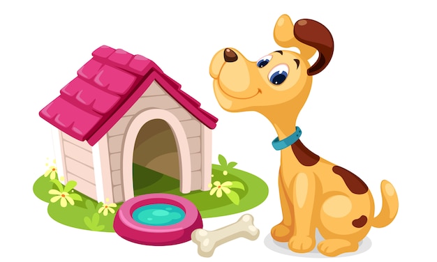 Free vector cute dog with dog house cartoon