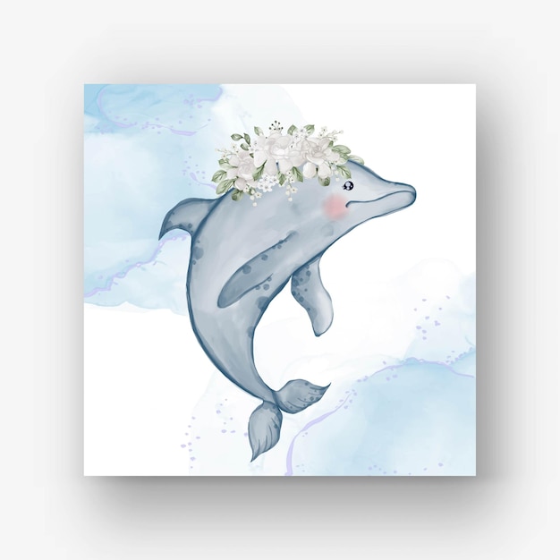 Cute dolphin with flower white watercolor illustration