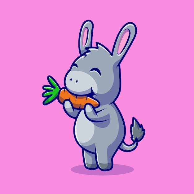 Милый осел ест морковь мультипликационный персонаж. Изолированная еда для животных.