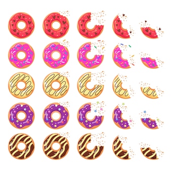 Cute donuts with different icing flat vector illustrations set. top view of strawberry and chocolate doughnuts, whole and eaten soft dough snacks on white background. food, bakery or cake shop concept