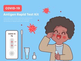 Free vector cute doodle man in japan student using covid19 antigen test kit selfadministrated swab