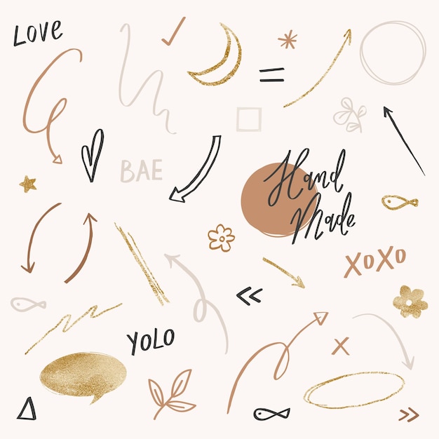 Cute doodle vector set in black and gold tone Premium Vector