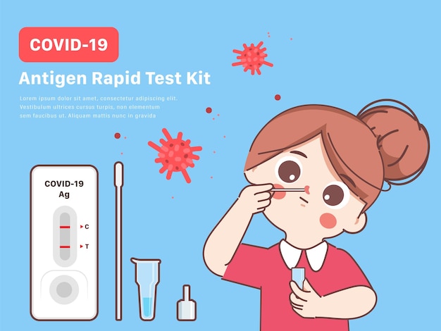 Free vector cute doodle woman in japan student using covid19 antigen test kit selfadministrated swab