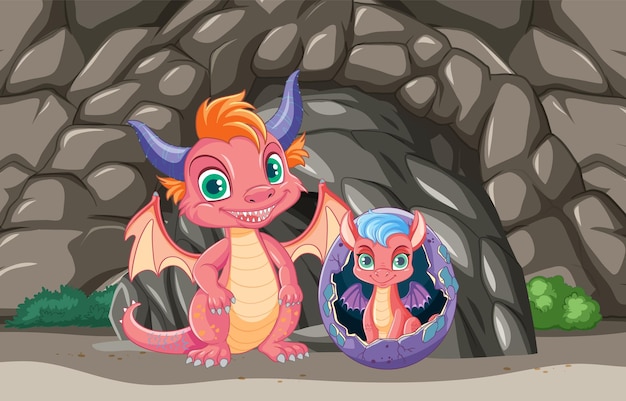 Free vector cute dragon hatchlings in a cave