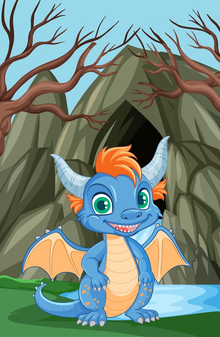 Free Vector cute dragon standing in front of cave
