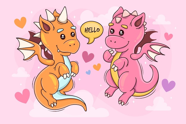 Free vector cute dragons couple illustrated