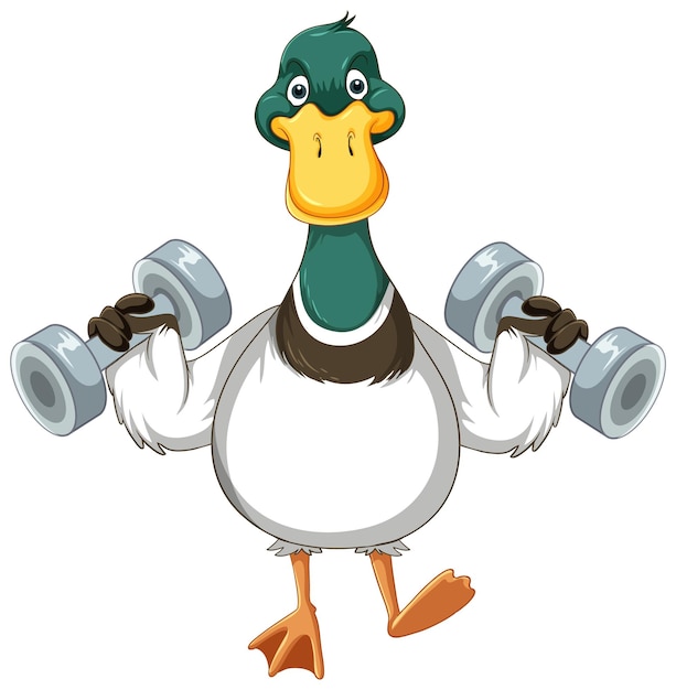 Cute duck cartoon character workout using dumbbell