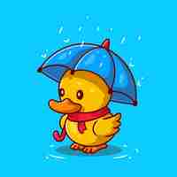 Free vector cute duck with umbrella in the rain cartoon icon illustration