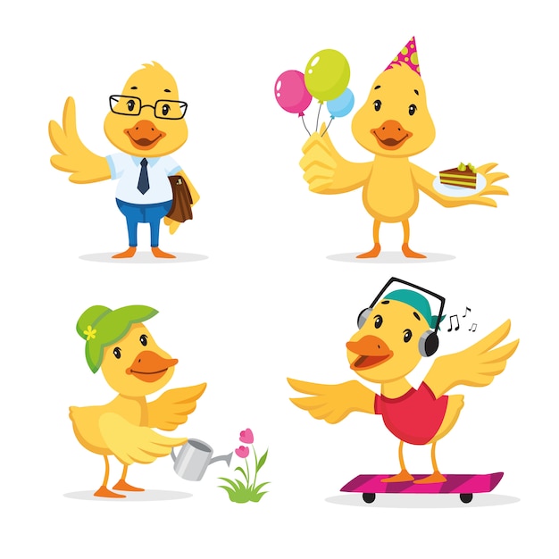 Free vector cute duckling enjoying different actions. cartoon character set.