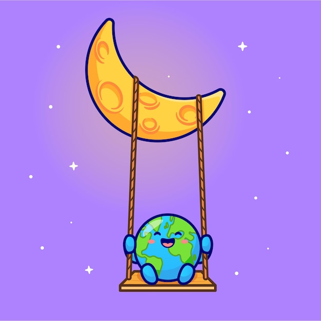 Carino earth swing on moon cartoon vector icon illustrazione. scienza natura icona concetto isolato vettore premium. stile cartone animato piatto