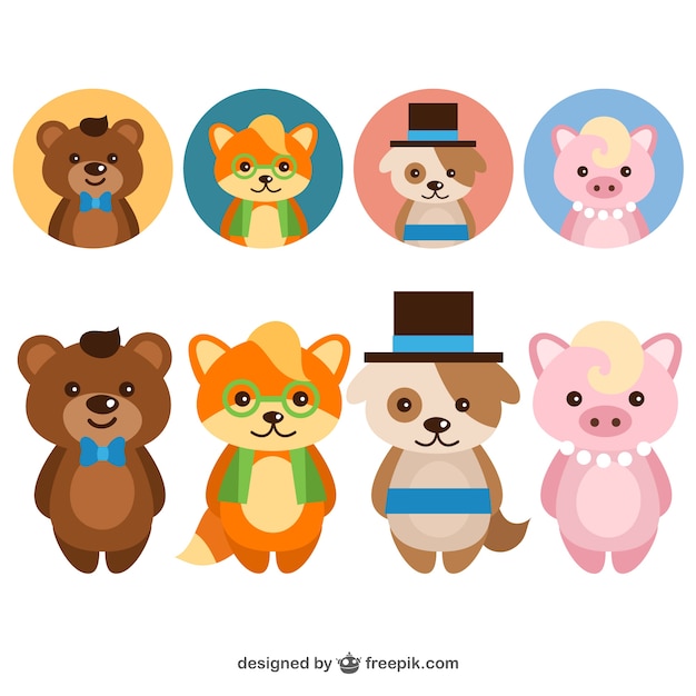 Vettore gratuito animali eleganti svegli avatar set