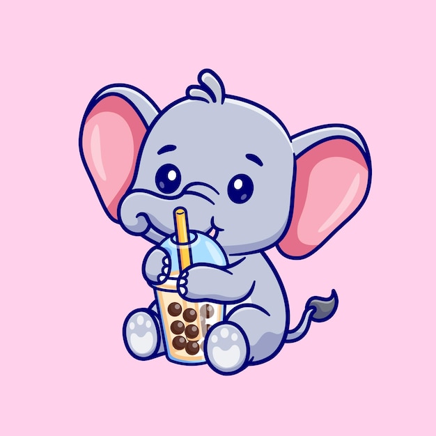 Free vector cute elephant drink boba milk tea cartoon vector icon illustration. animal drink icon isolated flat