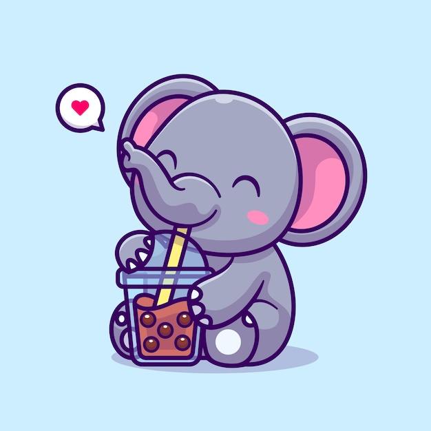 Free vector cute elephant drinking boba milk tea cartoon vector icon illustration. animal drink icon isolated