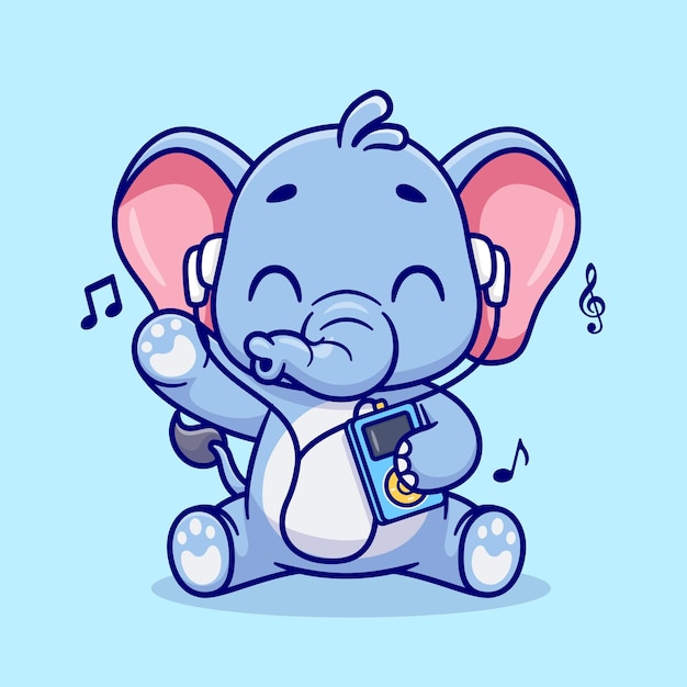 Cute Elephant Listening Music With Earphone Cartoon Vector Icon Illustration Animal Music Isolated