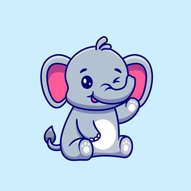 Cute Elephant Sitting And Waving Hand Cartoon Vector Icon Illustration. 