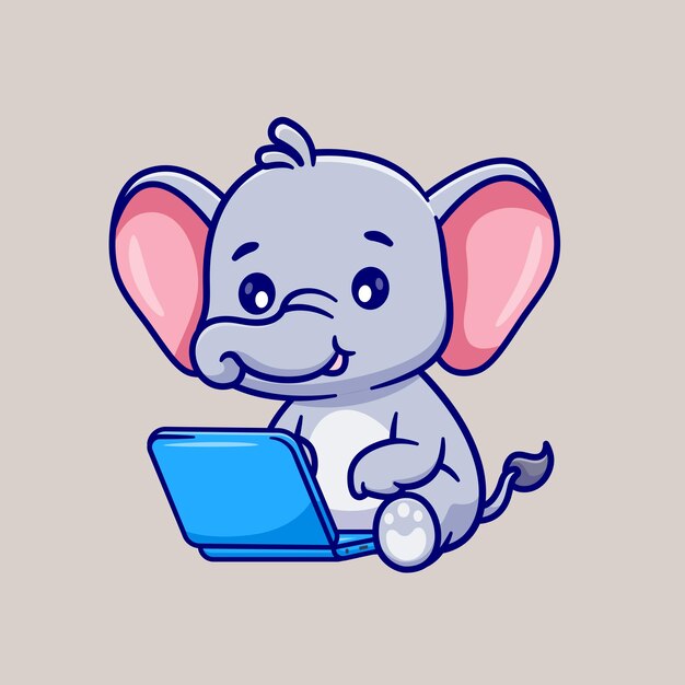 Cute Elephant Working On Laptop Cartoon Vector Icon Illustration. Animal Technology Icon Isolated