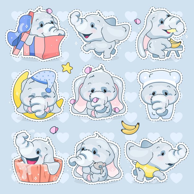 かわいい象の赤ちゃんのモバイルアプリかわいい漫画のキャラクターのステッカーパック プレミアムベクター