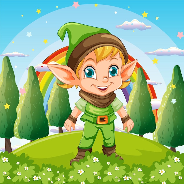 Free vector cute elf boy cartoon character in the scene