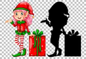 Vettore gratuito elfo carino accanto alla confezione regalo