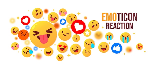 Cute emoji set round yellow emoticon reaction vector illustration