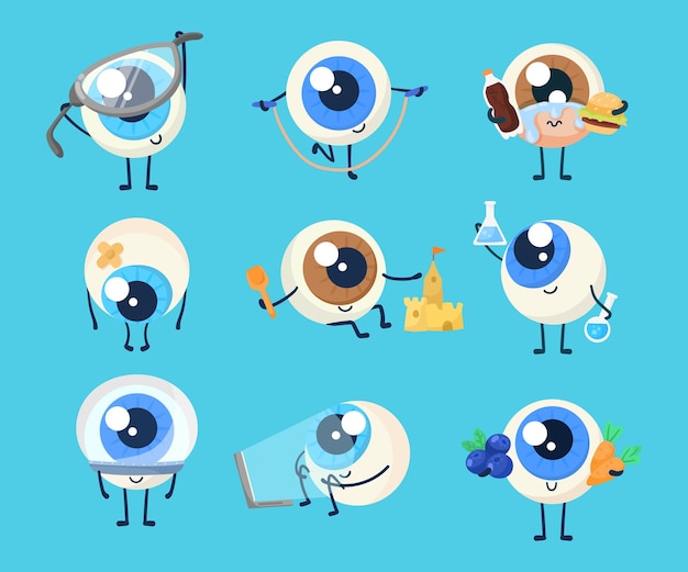 Cute eyeball character cartoon illustration set. sad and sick eye or human organ holding carrot, blueberry and fast food, looking at laptop screen, wearing eyeglasses, exercising. eyesight concept