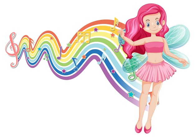 Free vector cute fairy cartoon character with melody rainbow wave