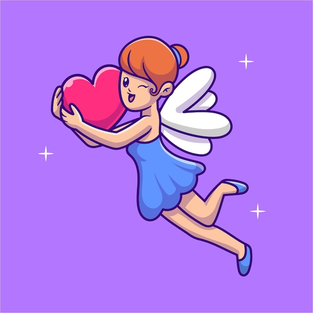 Cute Fairy Flying With Love Heart Cartoon Vector Icon Illustration People Holiday Icon Isolated
