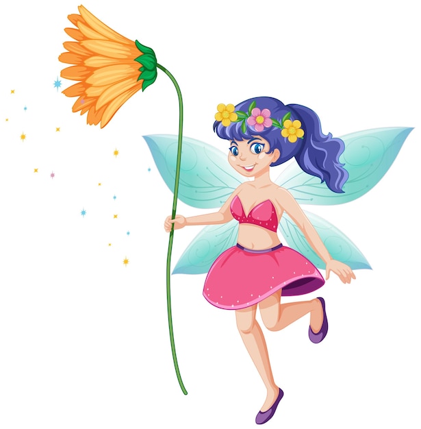 Free vector cute fairy holding a yellow flower cartoon character