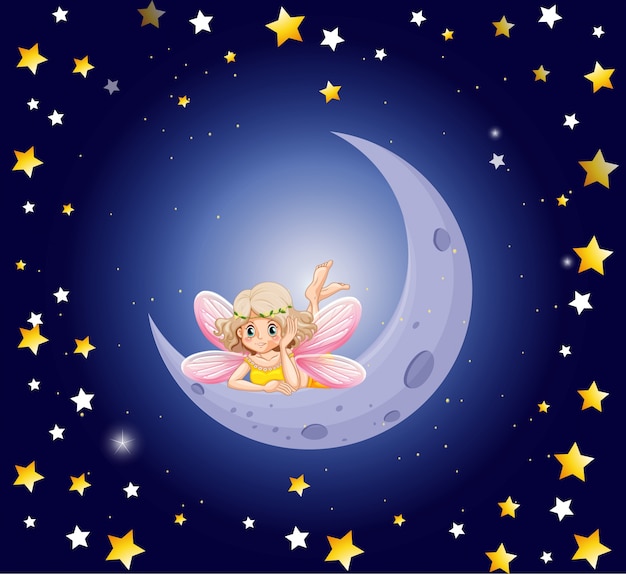 Cute fairy and the moon in the sky