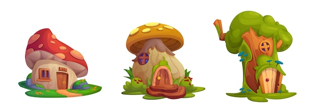 Free vector cute fairy tale mushroom gnome or elf house set