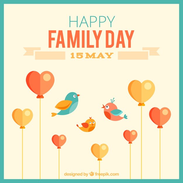 Cute family day card with birds and heart shaped balloons 