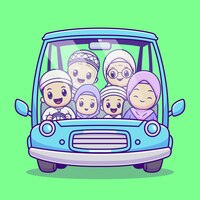 Free vector cute family moslem homecoming with car cartoon vector icon illustration. people transportation icon