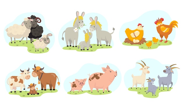 かわいい家畜家族フラットイラストセット。漫画国産ヤギ、羊、鶏、牛、豚、ロバの孤立したベクトルイラストコレクション。子供と幼児の概念のための教育活動