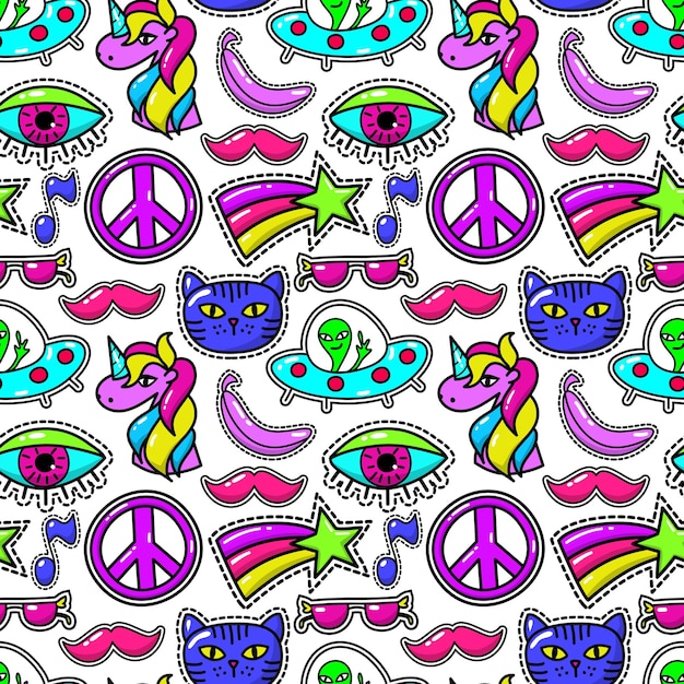 Cute fashioned patches seamless pattern with eye and pink mustache, sunglasses and rainbow star.