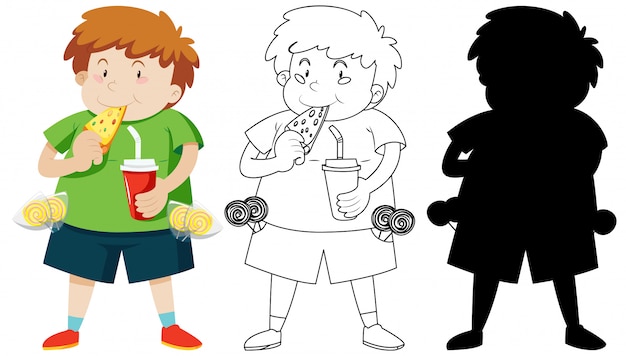 Free vector cute fat boy eating pizza in colour and outline and silhouette
