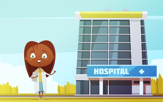 Free vector cute female doctor slim abstract figurine at city hospital building background flat cartoon  vector