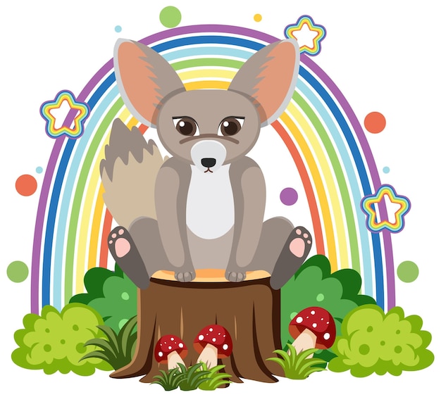 Cute fennec fox on stump in flat cartoon style