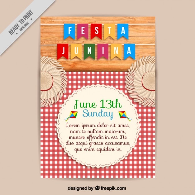 Free vector cute festa junina brochure with a checkered tablecloth