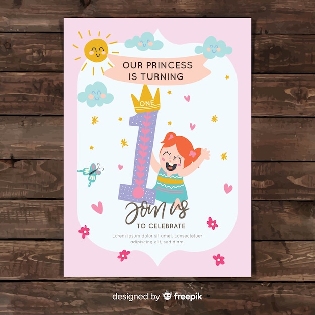 Free vector cute first birthday card design