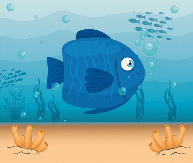 かわいい魚動物色海 シーワールドの住人 水中の生き物 生息地海洋概念の青い海洋 プレミアムベクター