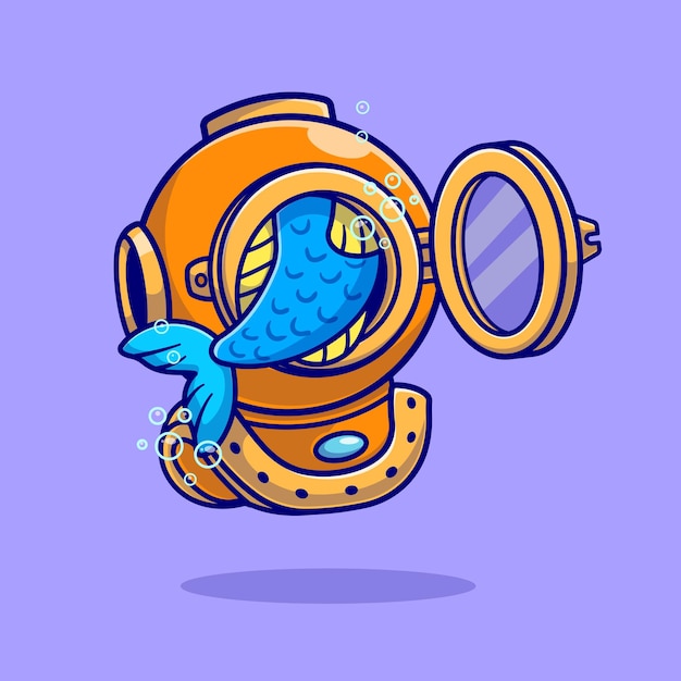 Cute Fish In Helm Diver Cartoon Vector Icon Illustration. Animal Object Icon Concept Isolated Flat