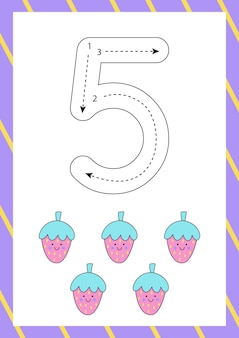 Cute flashcard how to write number five. worksheet for kids.